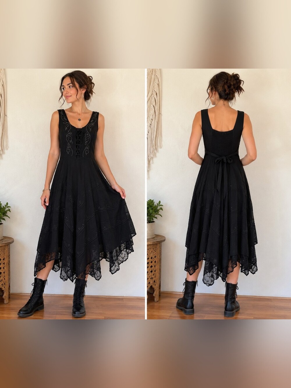 Sakkas NWT Black Embroidered Boho Corset Lace-Up Dress S/M